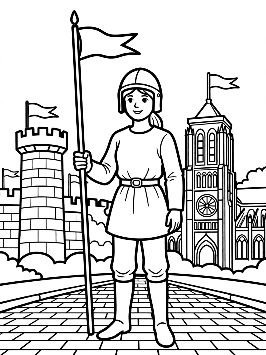 Joan of Arc standing proudly with historical landmarks in the background, drawn with clear bold lines for coloring.