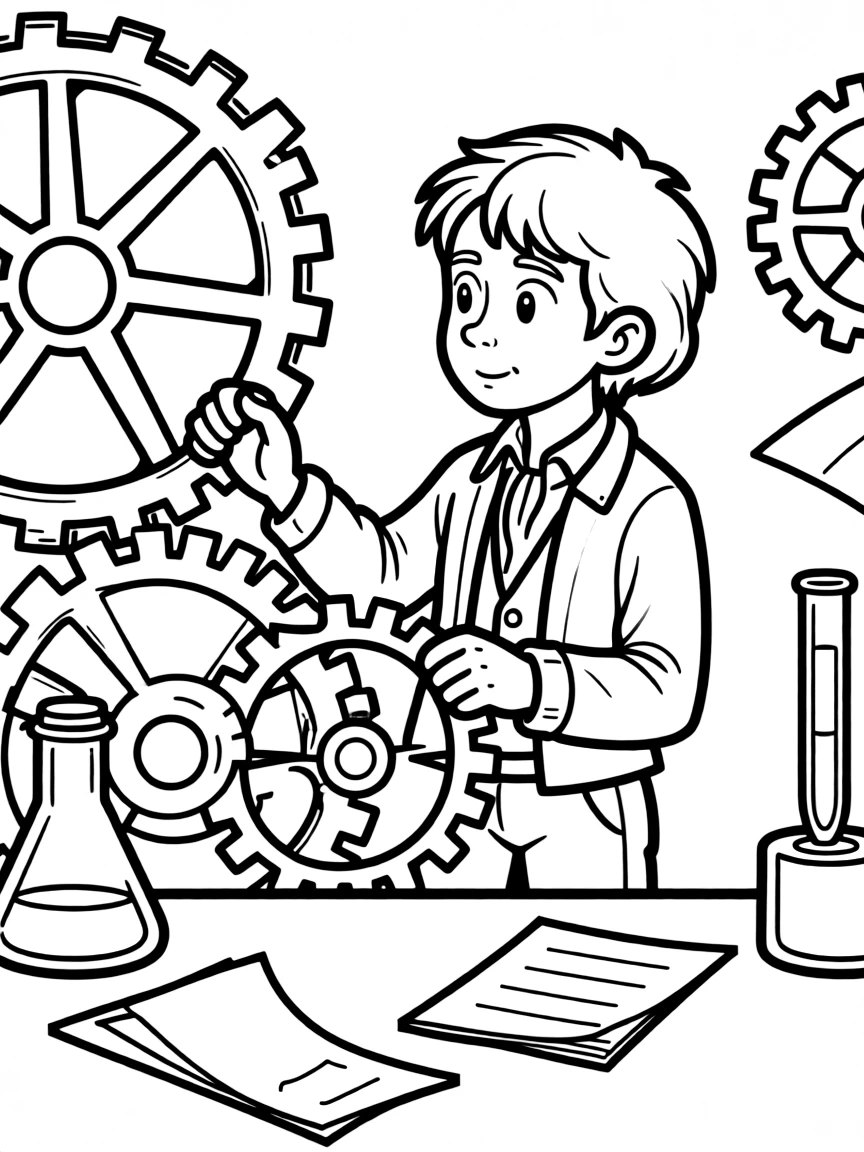 Isaac Newton working on their famous invention or idea, with gears, papers, or lab equipment drawn simply.