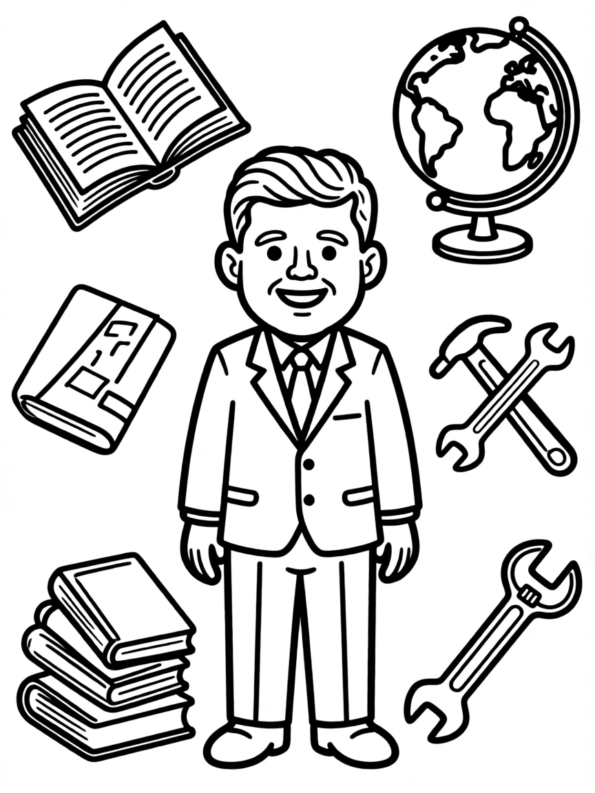 A cartoon-style drawing of John F. Kennedy surrounded by symbols of their achievements, like books, tools, or globes.