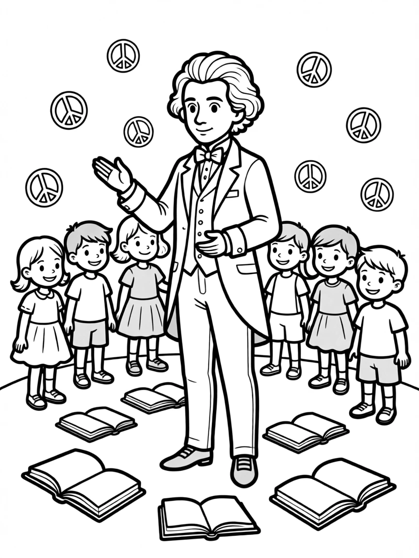 A fun coloring page of Beethoven giving a speech to children with books and peace signs around.