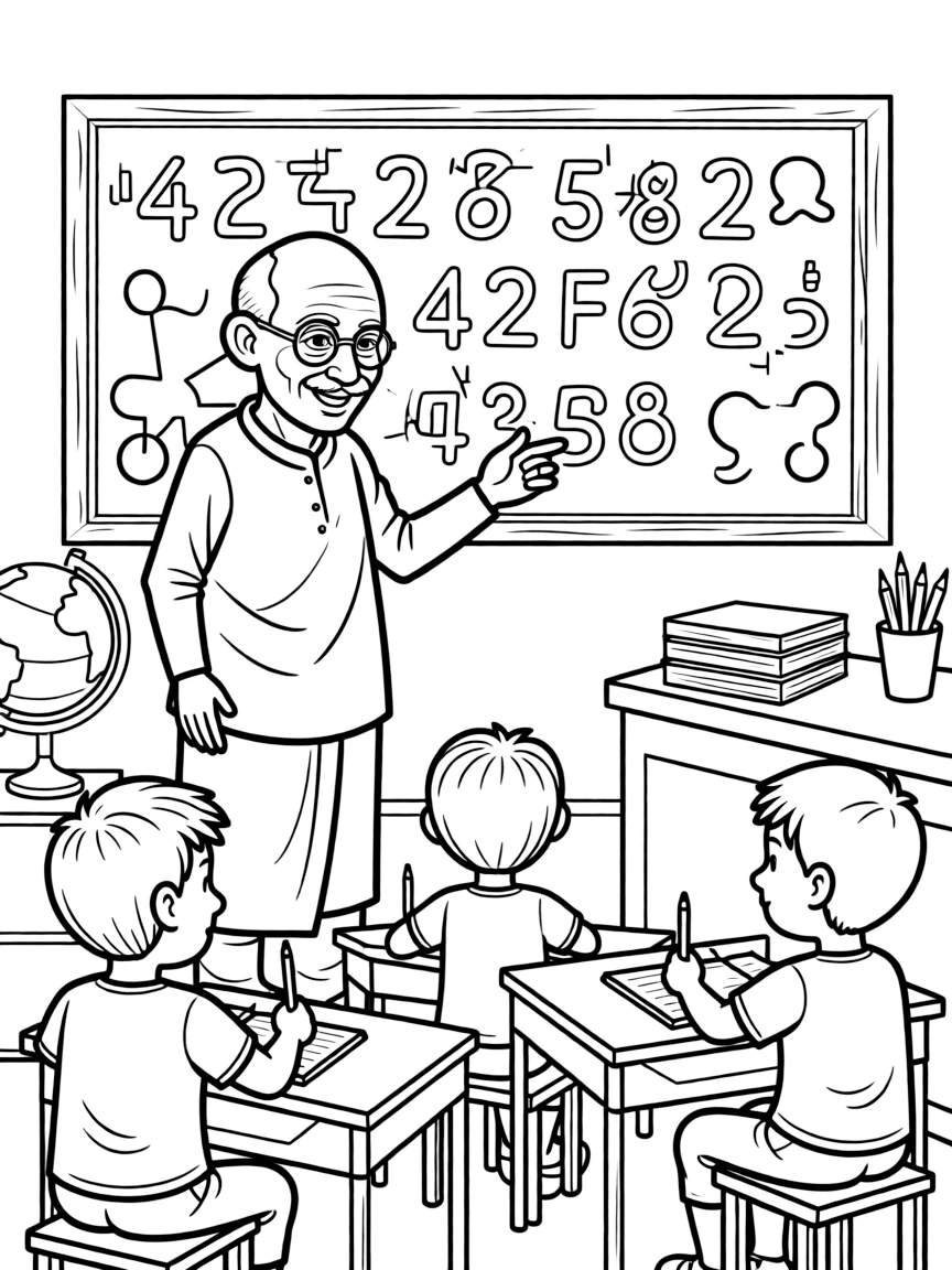 Mahatma Gandhi teaching children, with educational items like chalkboards and pencils, in a friendly classroom scene.