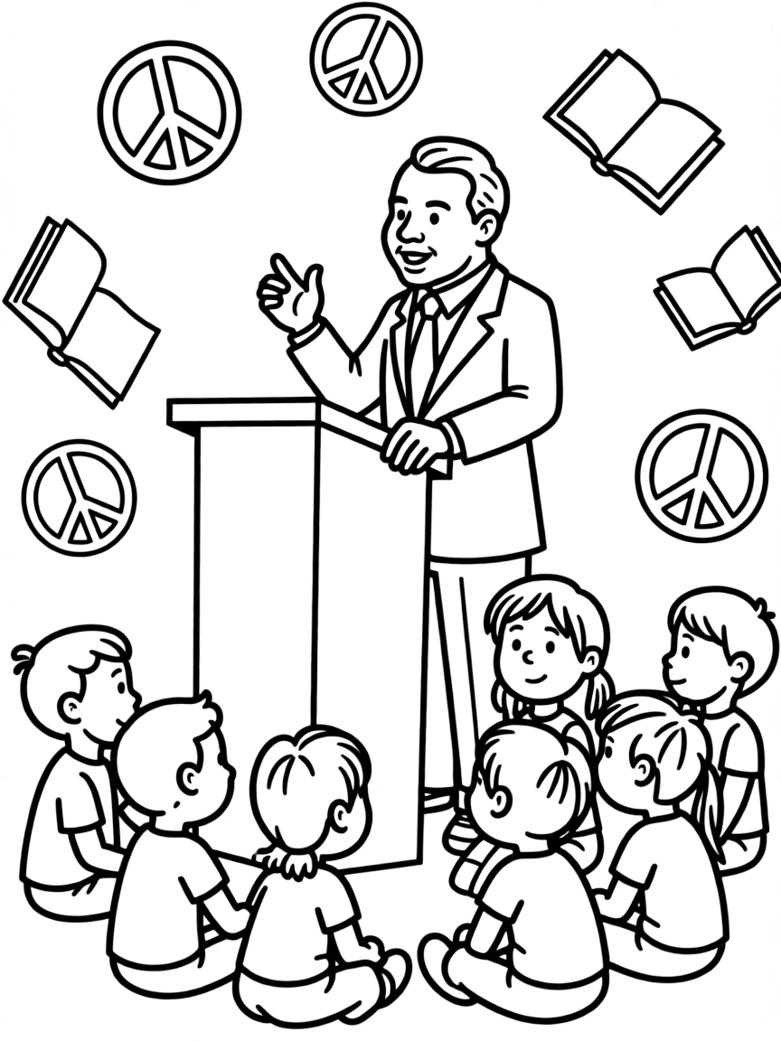A fun coloring page of Martin Luther King Jr. giving a speech to children with books and peace signs around.