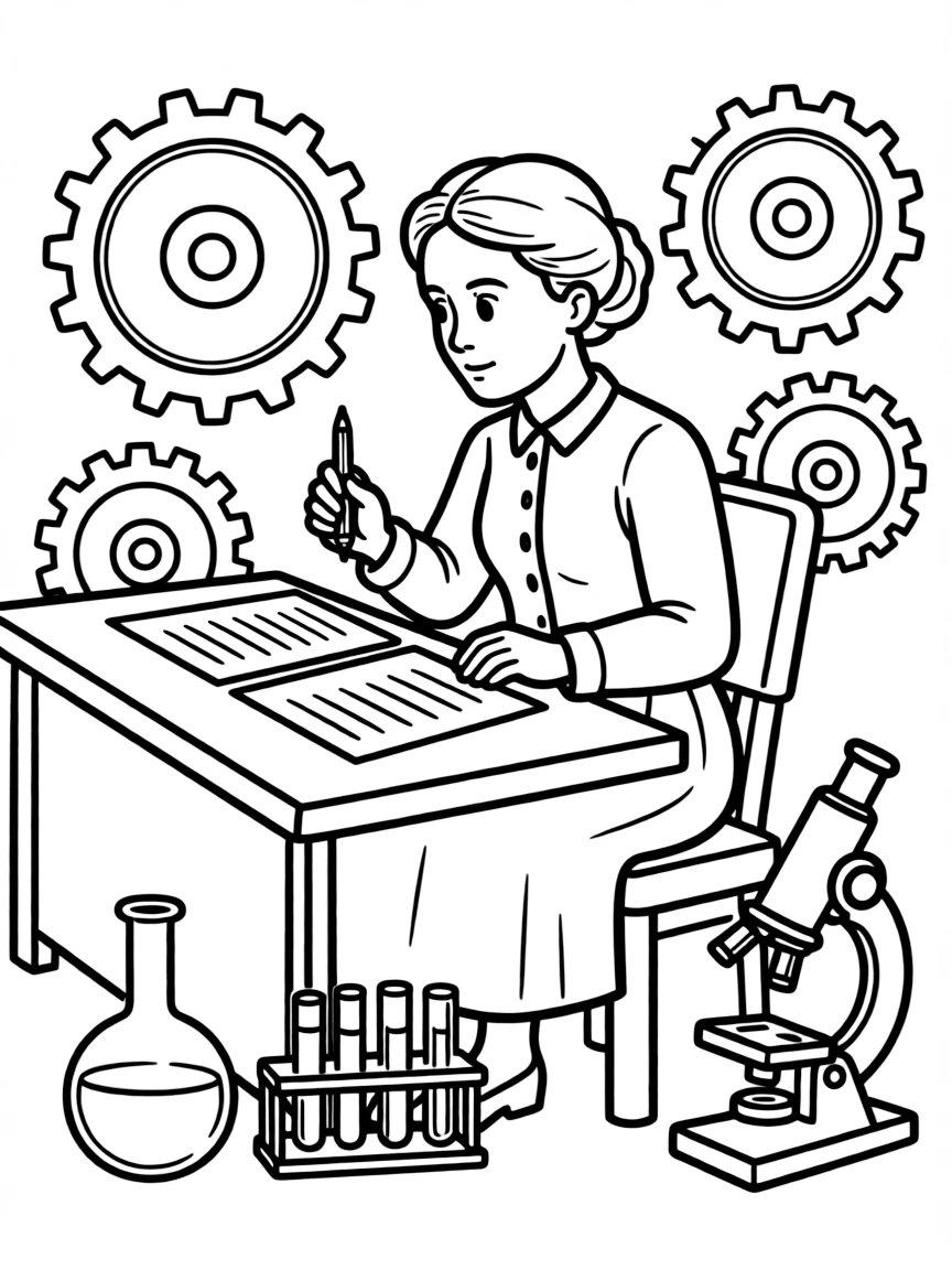 Marie Curie working on their famous invention or idea, with gears, papers, or lab equipment drawn simply.