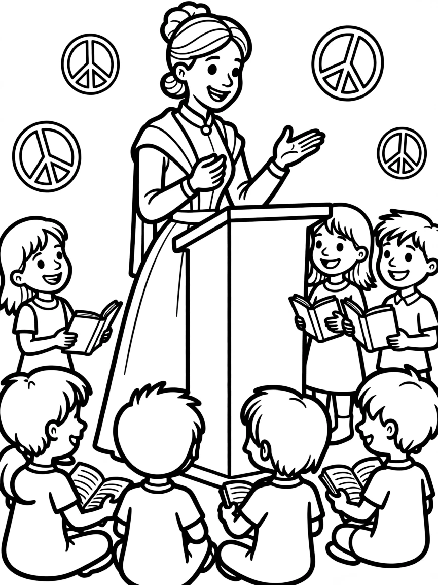A fun coloring page of Florence Nightingale giving a speech to children with books and peace signs around.