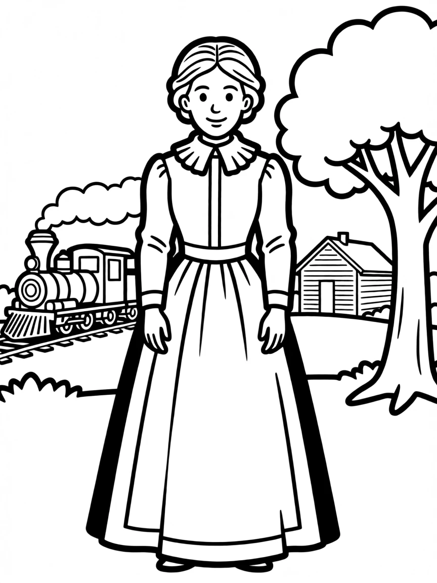 Harriet Tubman standing proudly with historical landmarks in the background, drawn with clear bold lines for coloring.