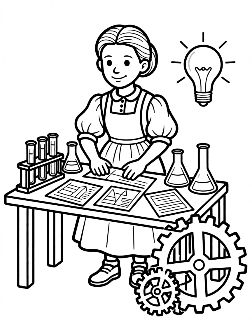 Harriet Tubman working on their famous invention or idea, with gears, papers, or lab equipment drawn simply.