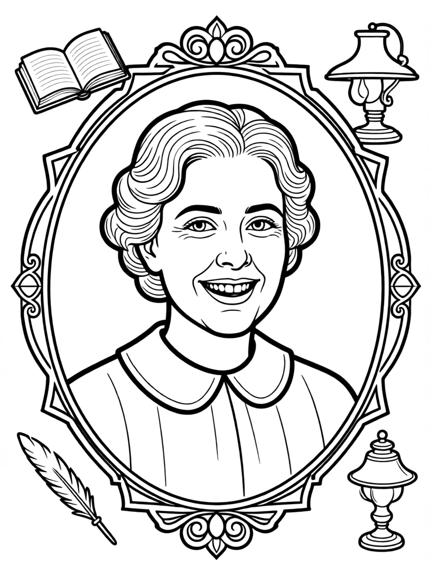 A portrait of Helen Keller with a big smile, framed with decorative borders and symbols of their time period.