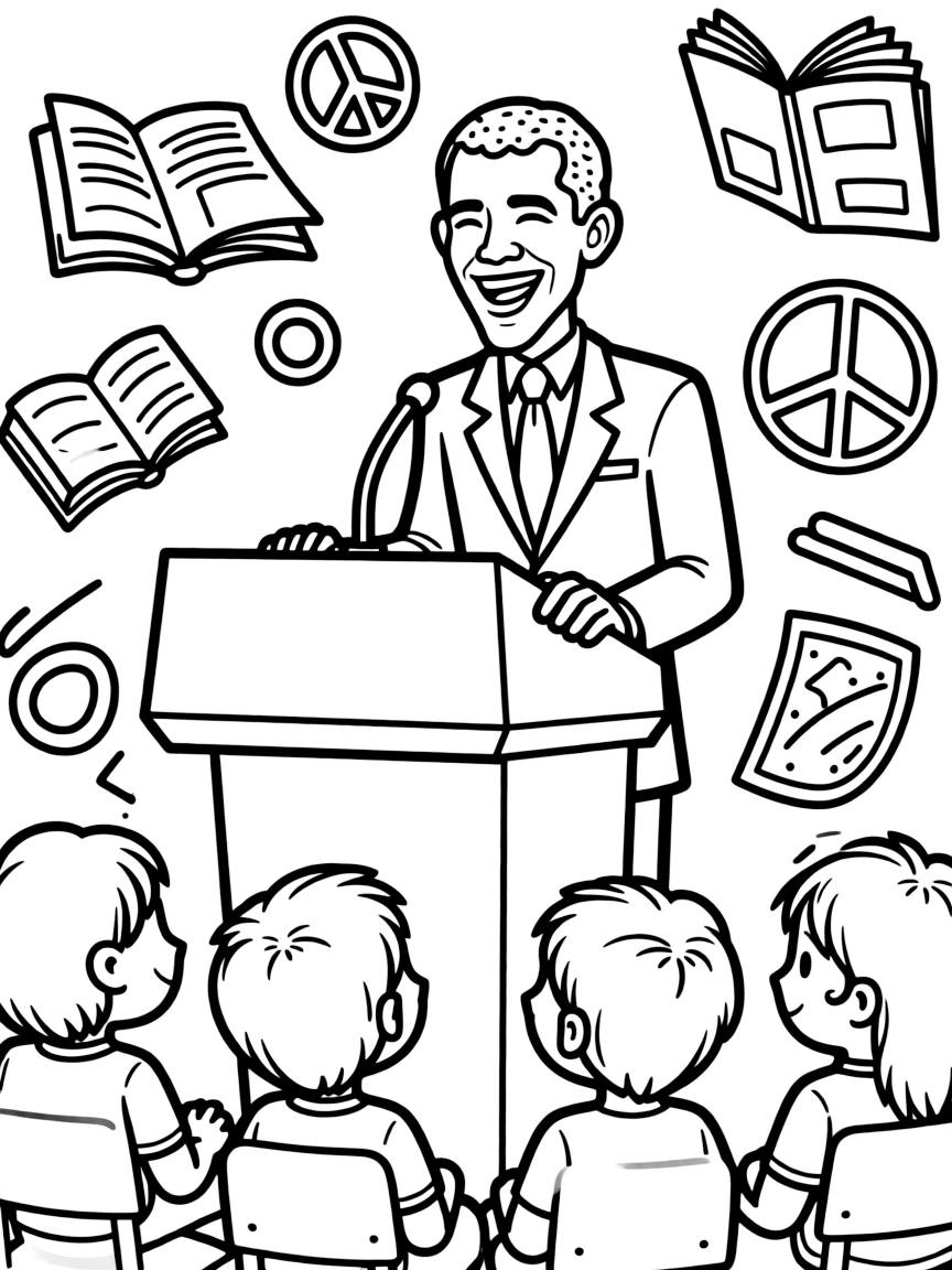 A fun coloring page of Barack Obama giving a speech to children with books and peace signs around.