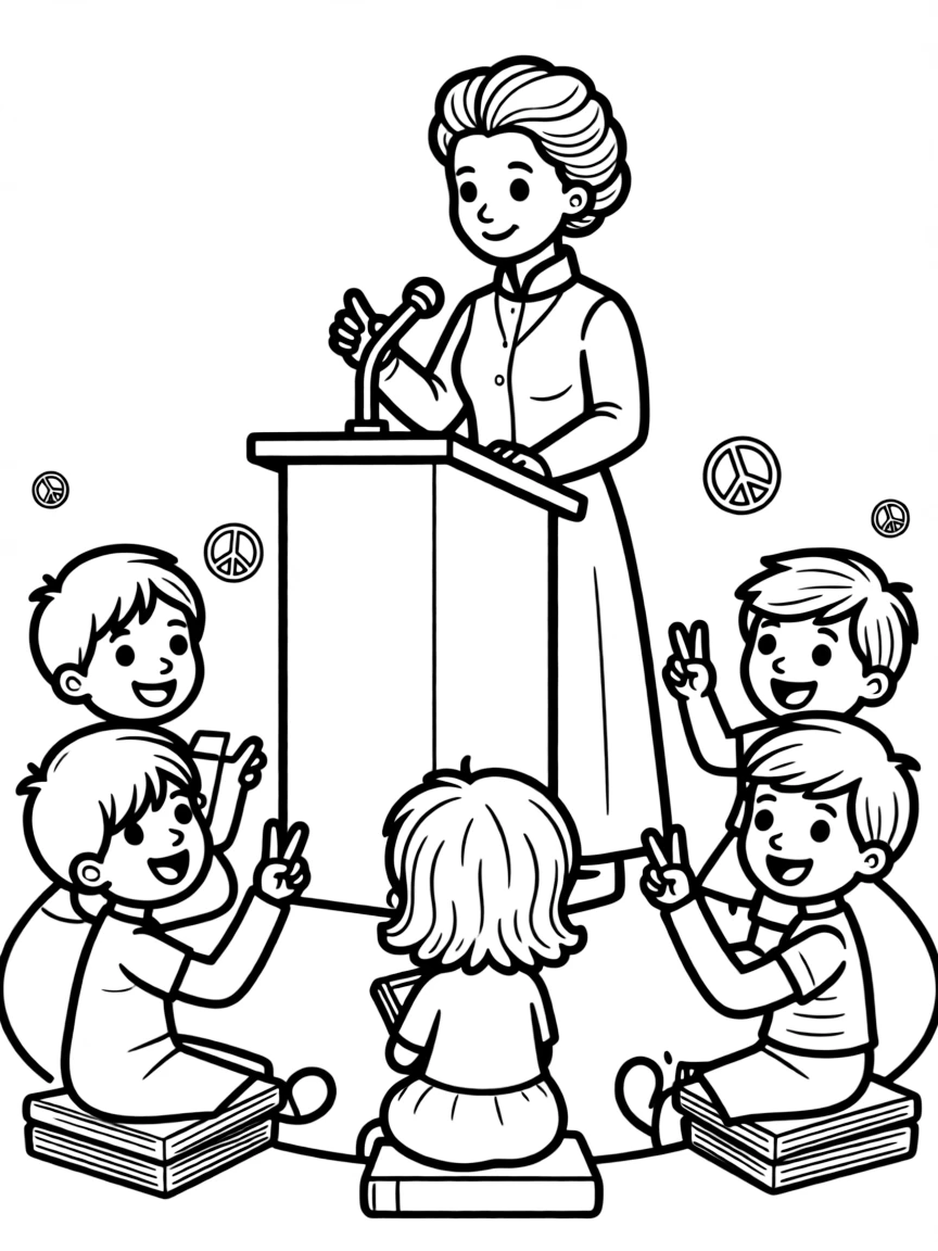 A fun coloring page of Marie Curie giving a speech to children with books and peace signs around.