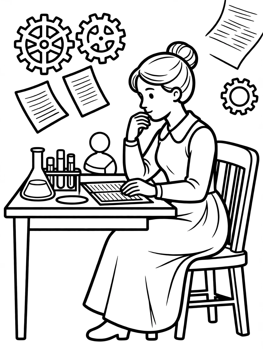 Jane Austen working on their famous invention or idea, with gears, papers, or lab equipment drawn simply.