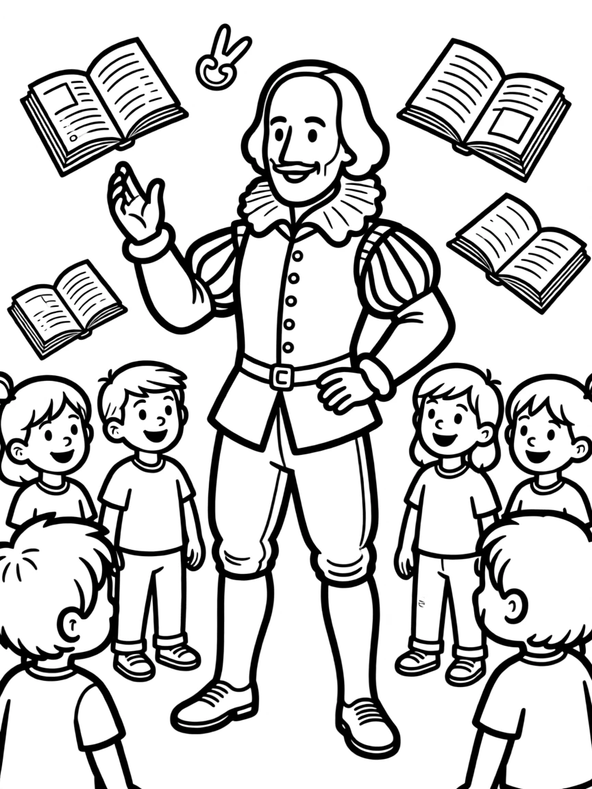 A fun coloring page of William Shakespeare giving a speech to children with books and peace signs around.