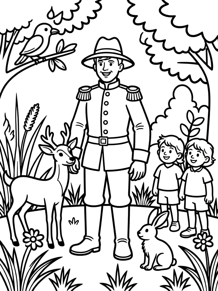 A playful scene showing Theodore Roosevelt in a historical outfit with animals, plants, or kids nearby.