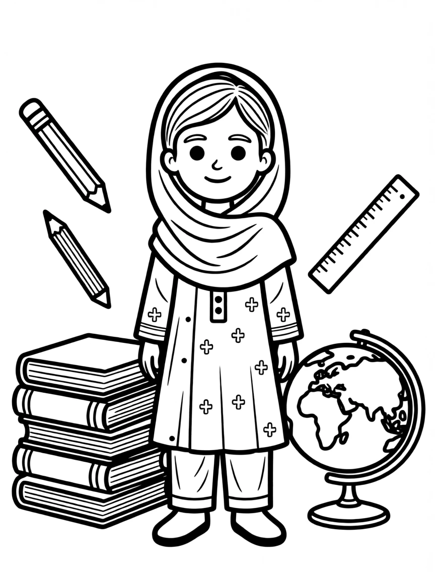 A cartoon-style drawing of Malala Yousafzai surrounded by symbols of their achievements, like books, tools, or globes.