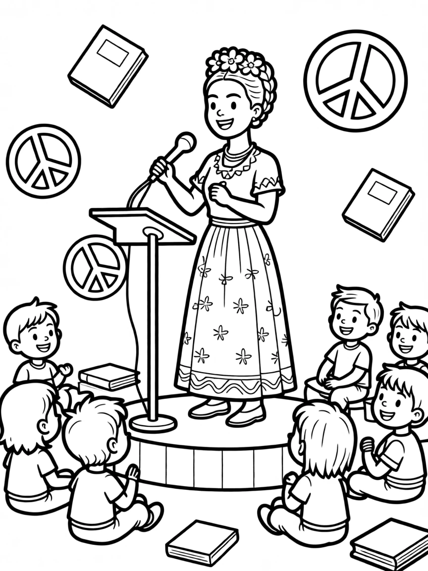 A fun coloring page of Frida Kahlo giving a speech to children with books and peace signs around.