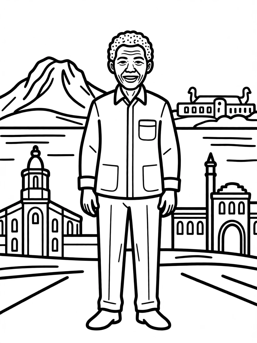Nelson Mandela standing proudly with historical landmarks in the background, drawn with clear bold lines for coloring.