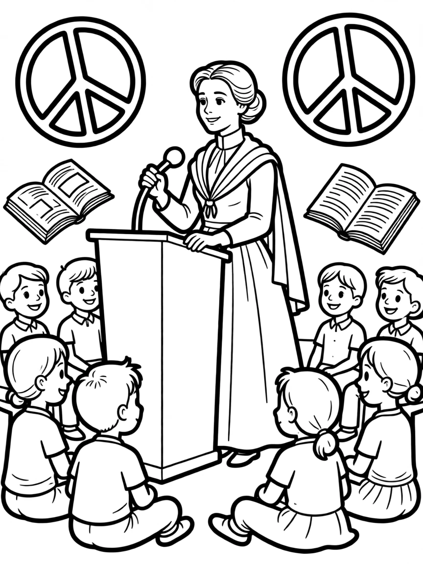 A fun coloring page of Susan B. Anthony giving a speech to children with books and peace signs around.