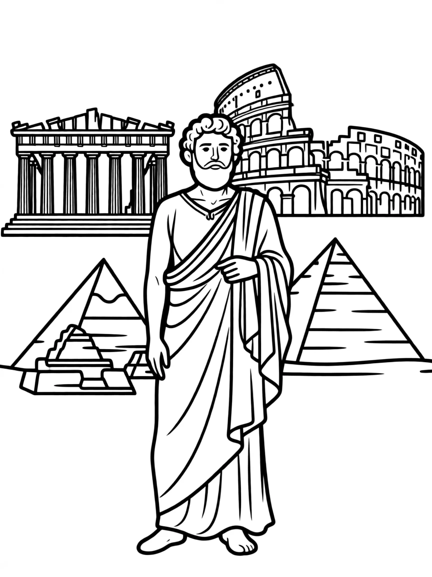 Aristotle standing proudly with historical landmarks in the background, drawn with clear bold lines for coloring.