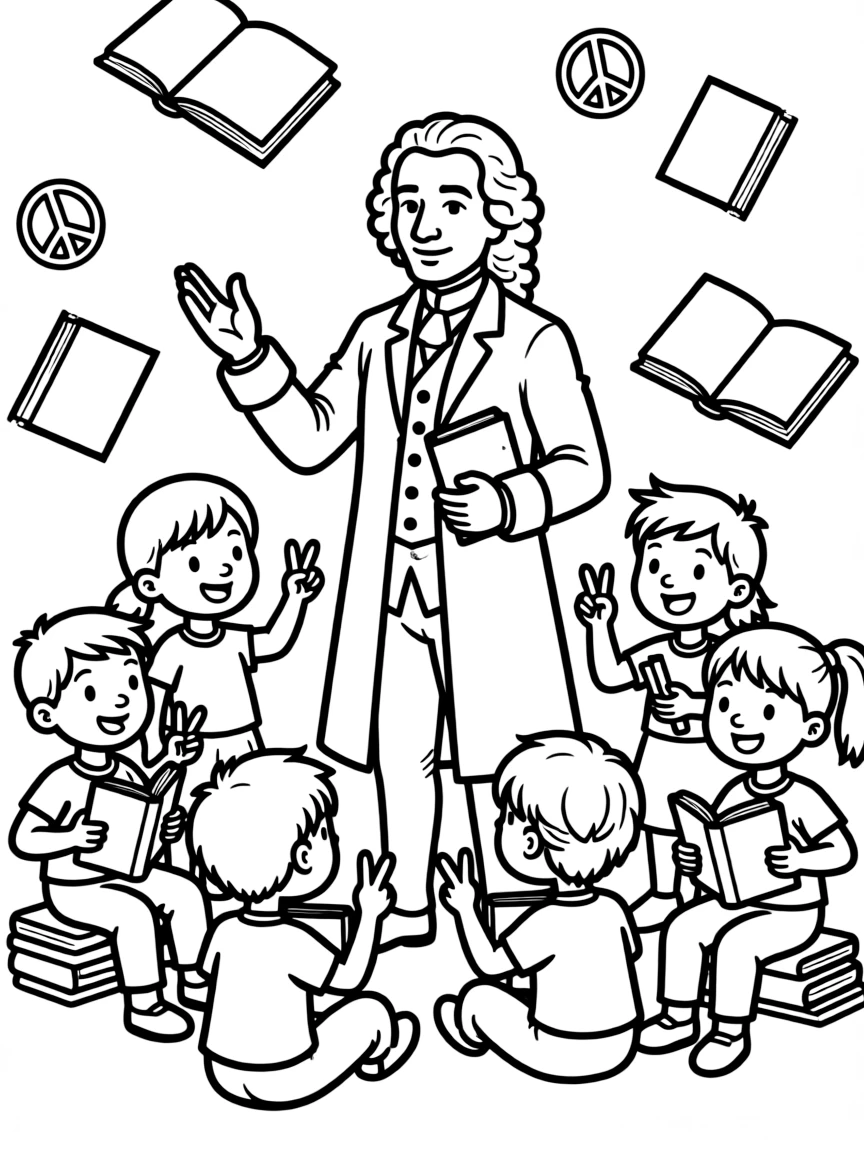 A fun coloring page of Isaac Newton giving a speech to children with books and peace signs around.