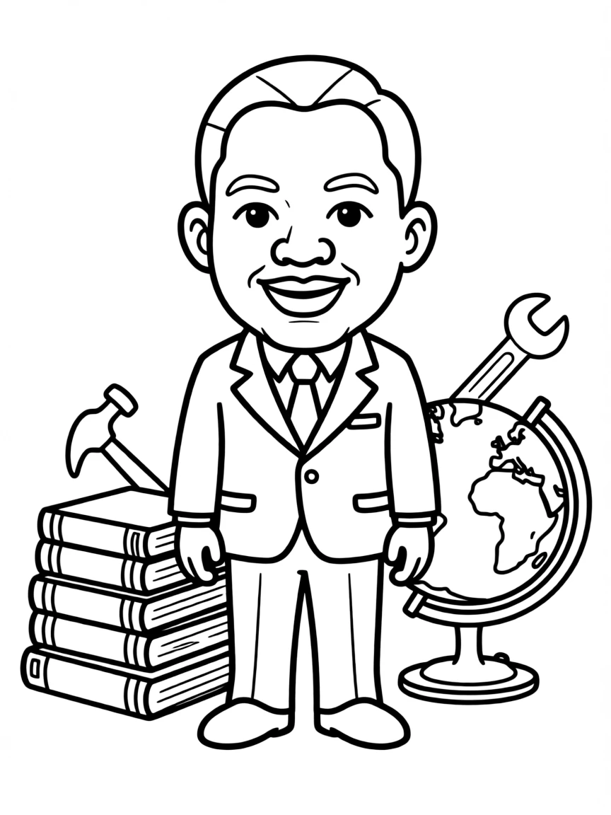 A cartoon-style drawing of Martin Luther King Jr. surrounded by symbols of their achievements, like books, tools, or globes.
