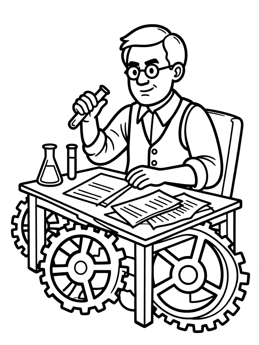 Theodore Roosevelt working on their famous invention or idea, with gears, papers, or lab equipment drawn simply.