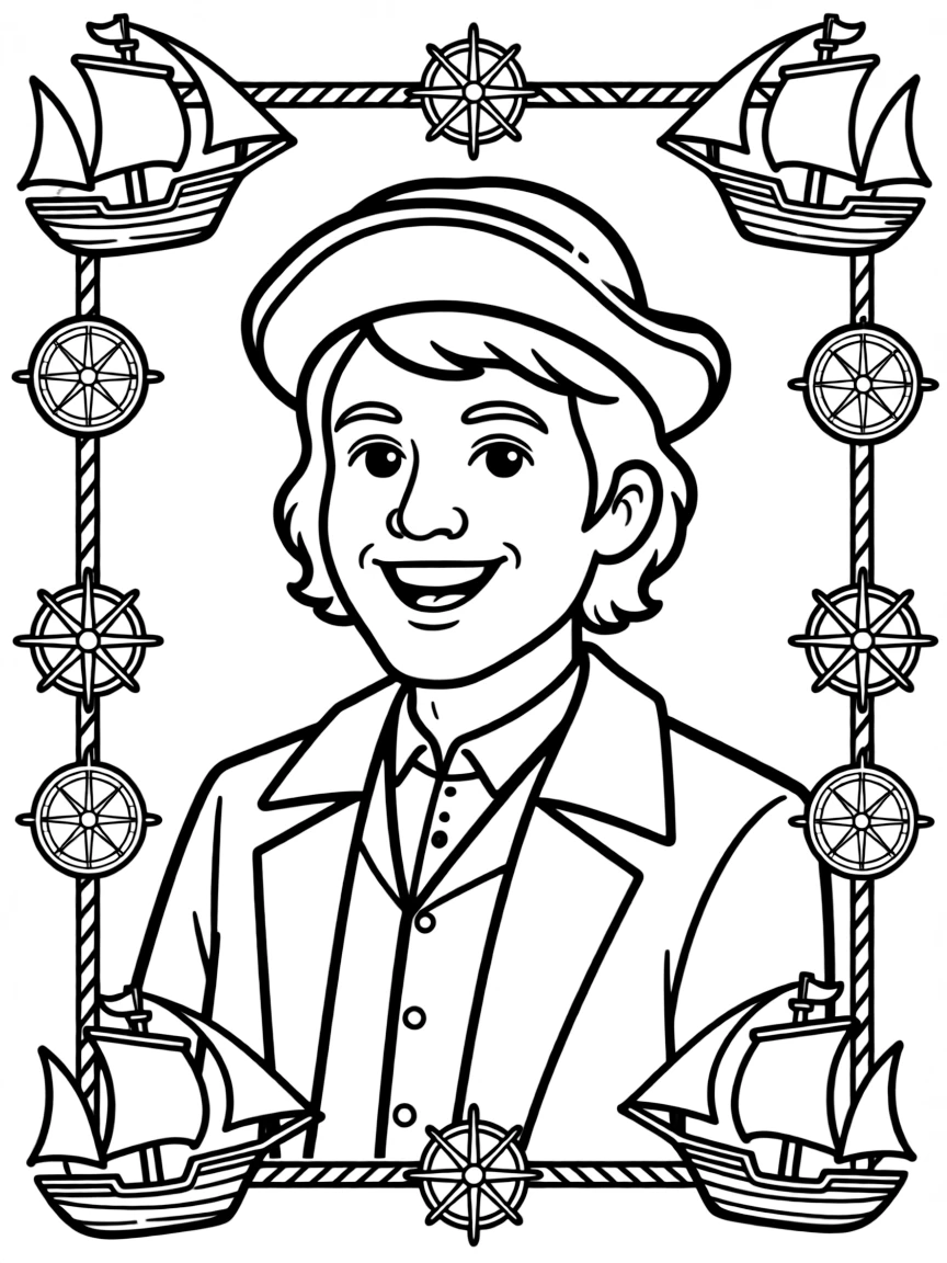 A portrait of Christopher Columbus with a big smile, framed with decorative borders and symbols of their time period.