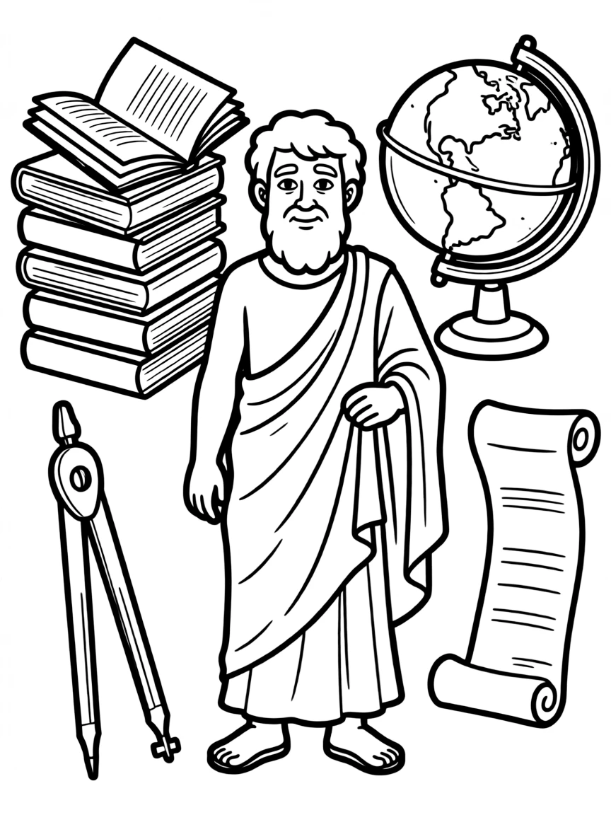 A cartoon-style drawing of Plato surrounded by symbols of their achievements, like books, tools, or globes.