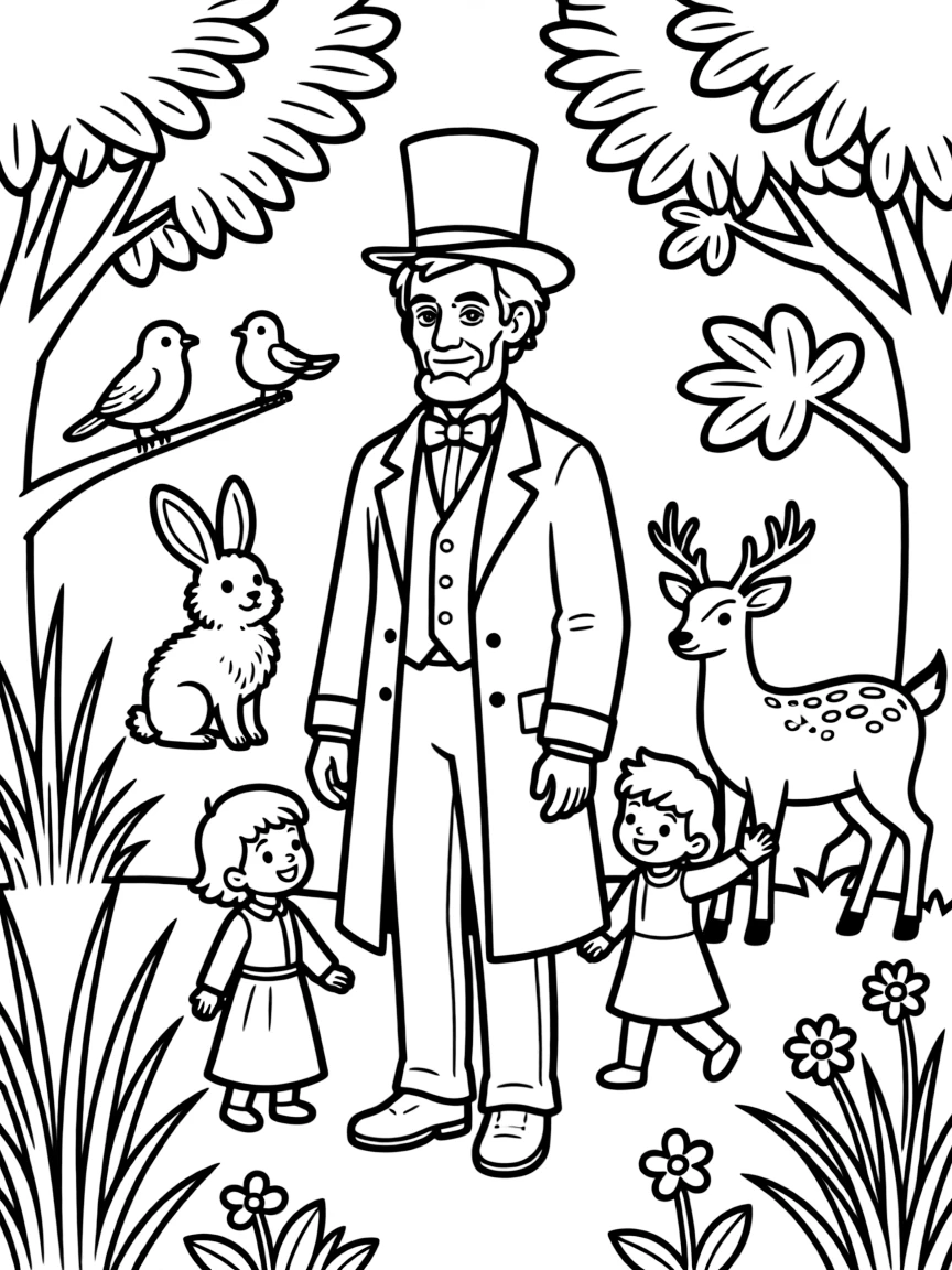 A playful scene showing Abraham Lincoln in a historical outfit with animals, plants, or kids nearby.
