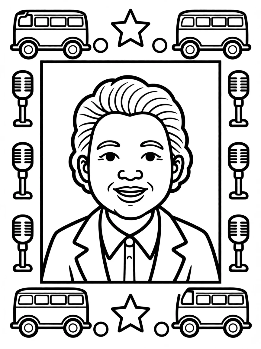 A portrait of Rosa Parks with a big smile, framed with decorative borders and symbols of their time period.