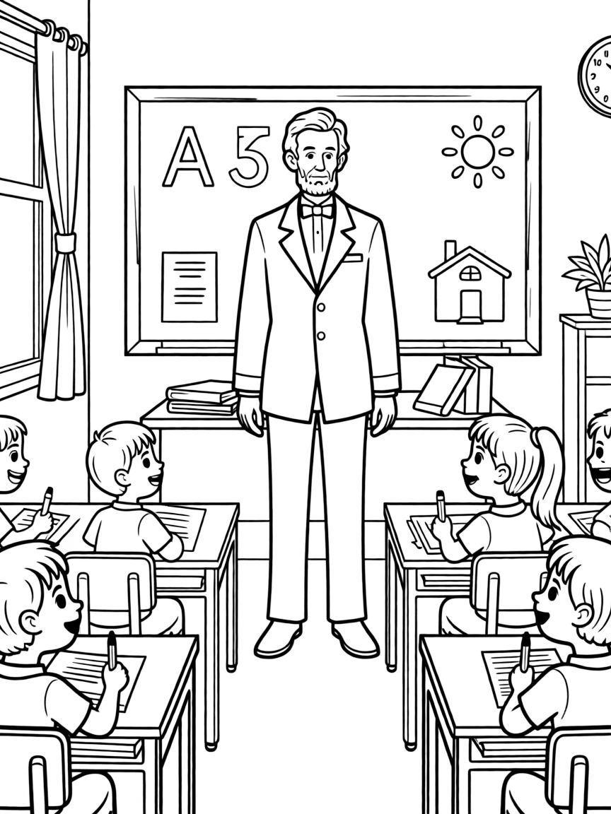 Abraham Lincoln teaching children, with educational items like chalkboards and pencils, in a friendly classroom scene.