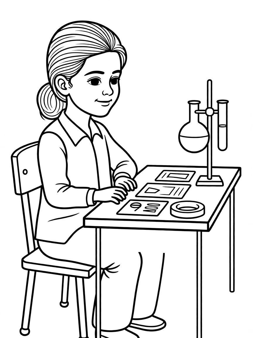 Malala Yousafzai working on their famous invention or idea, with gears, papers, or lab equipment drawn simply.