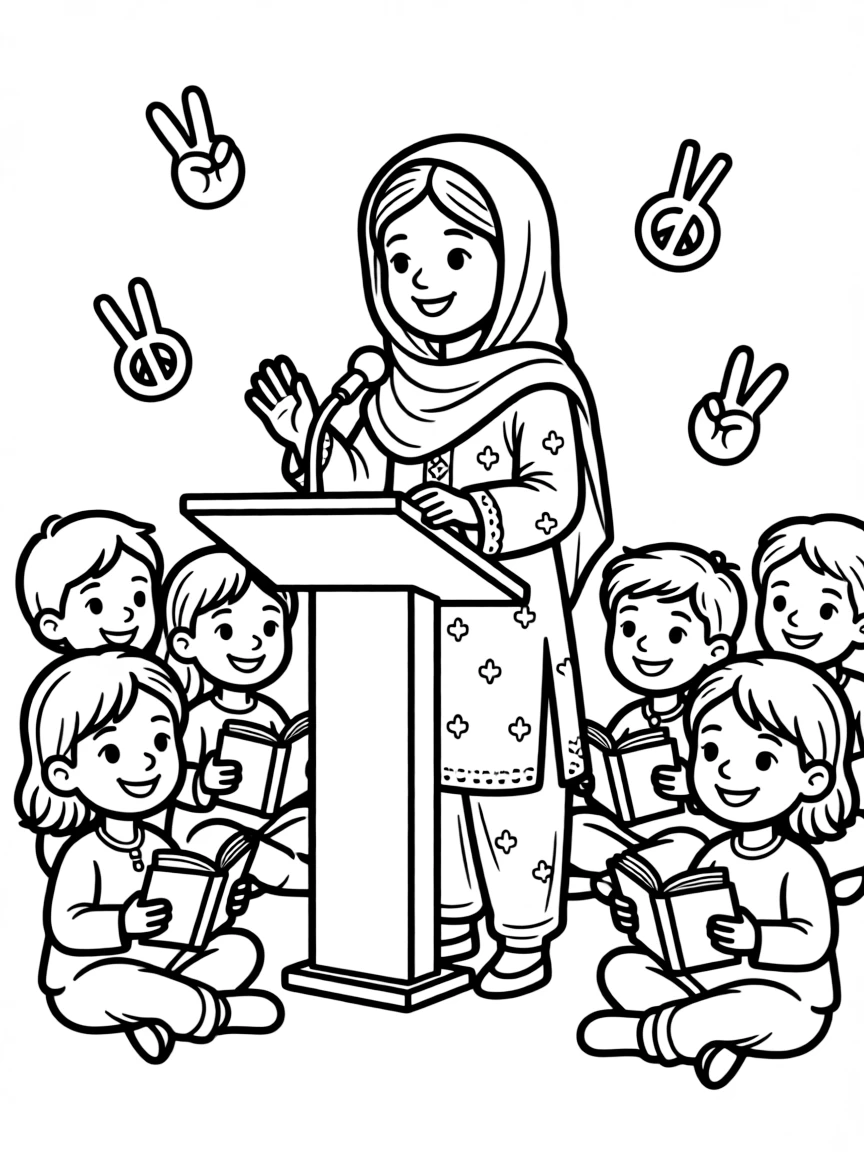 A fun coloring page of Malala Yousafzai giving a speech to children with books and peace signs around.