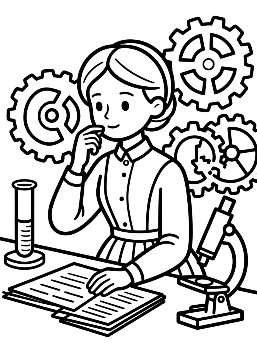 Florence Nightingale working on their famous invention or idea, with gears, papers, or lab equipment drawn simply.