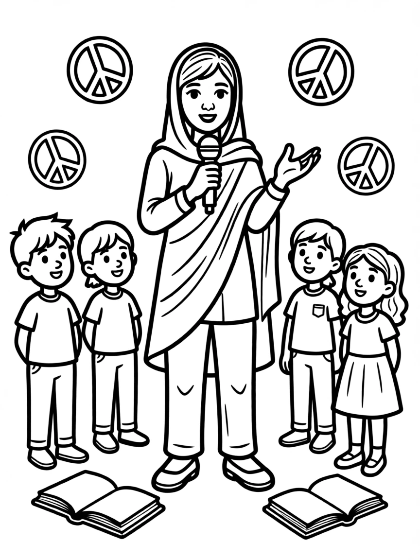 A fun coloring page of Malala Yousafzai giving a speech to children with books and peace signs around.