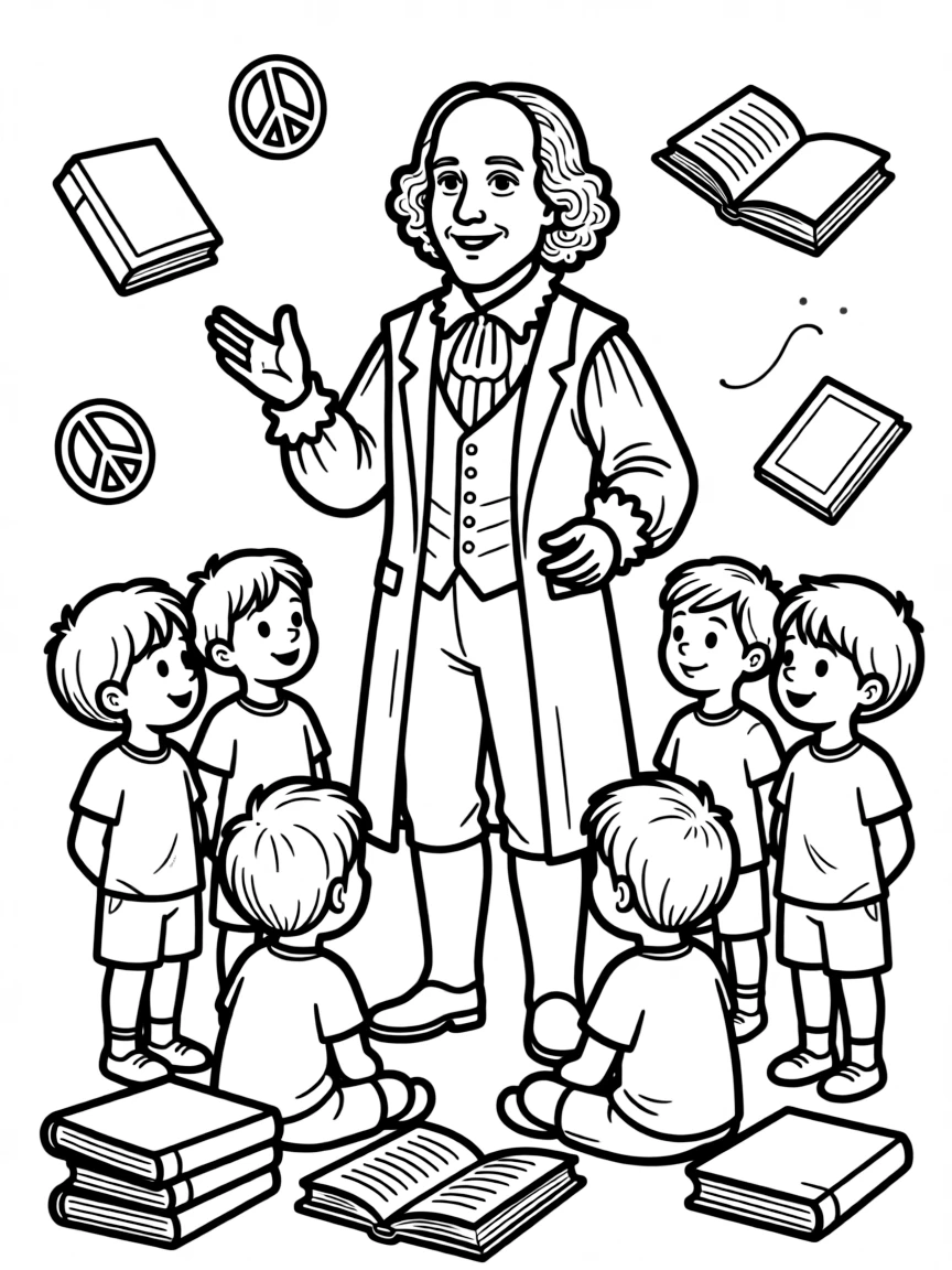 A fun coloring page of William Shakespeare giving a speech to children with books and peace signs around.
