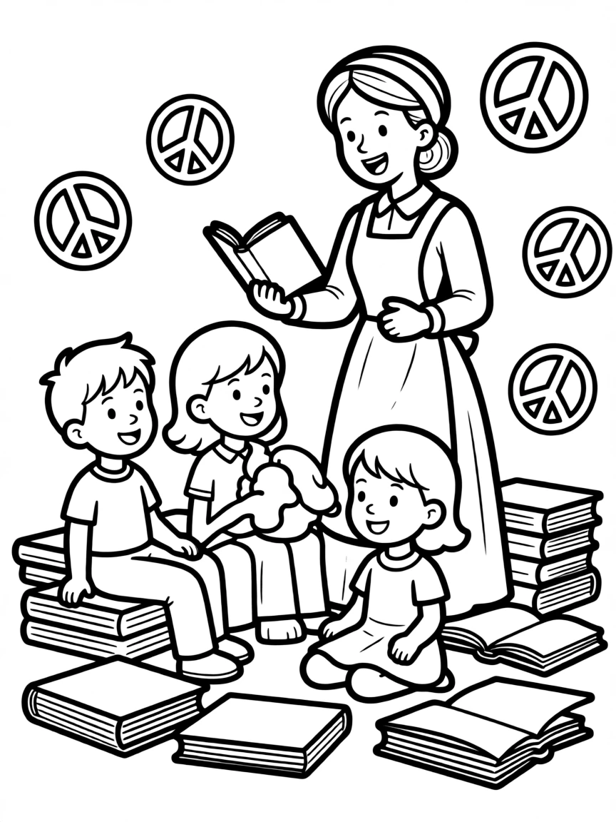 A fun coloring page of Florence Nightingale giving a speech to children with books and peace signs around.