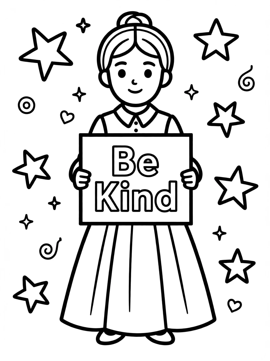 A cute coloring page of Susan B. Anthony holding a sign about kindness or bravery, with stars and doodles around.