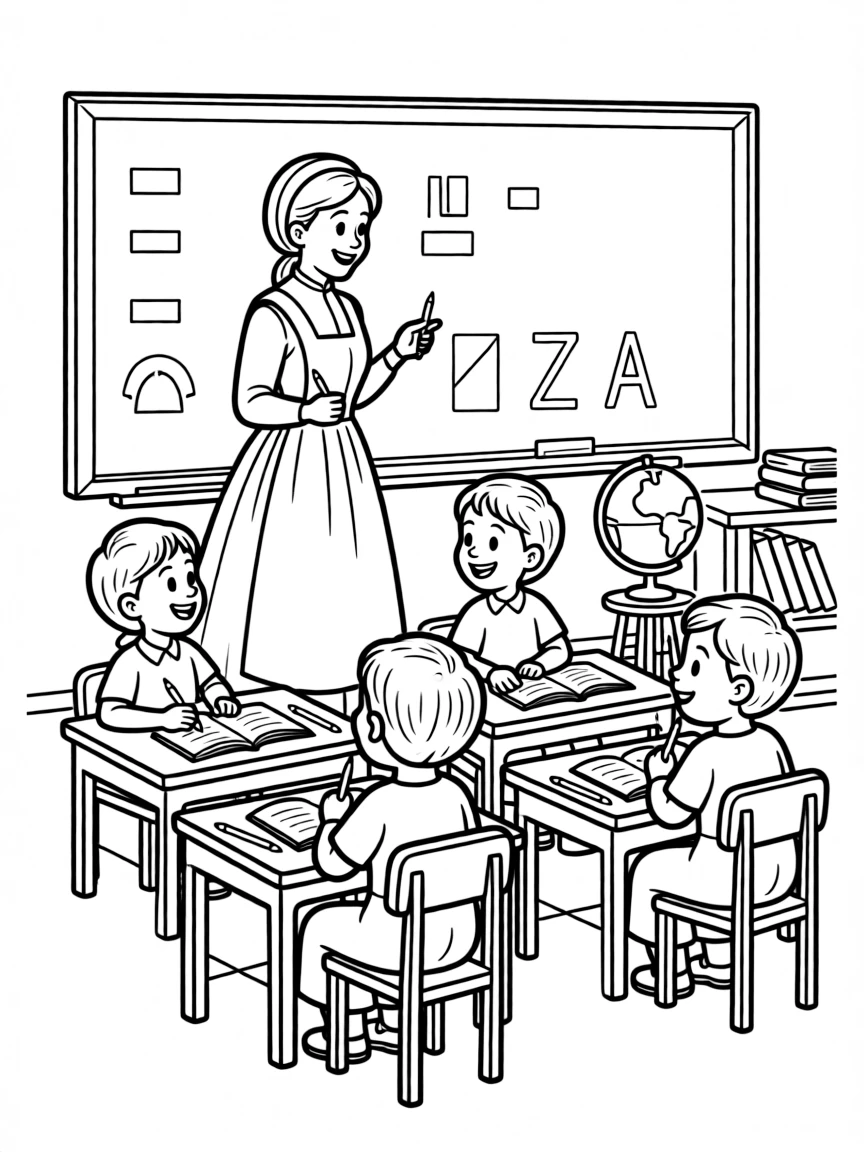 Florence Nightingale teaching children, with educational items like chalkboards and pencils, in a friendly classroom scene.