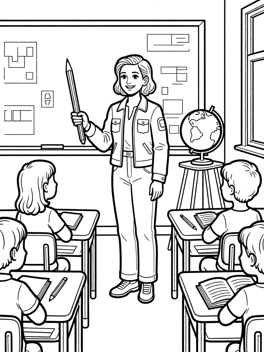 Amelia Earhart teaching children, with educational items like chalkboards and pencils, in a friendly classroom scene.