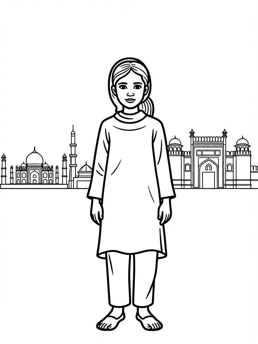 Malala Yousafzai standing proudly with historical landmarks in the background, drawn with clear bold lines for coloring.