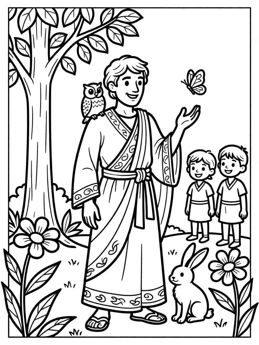 A playful scene showing Aristotle in a historical outfit with animals, plants, or kids nearby.