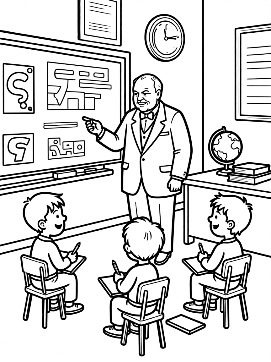Winston Churchill teaching children, with educational items like chalkboards and pencils, in a friendly classroom scene.