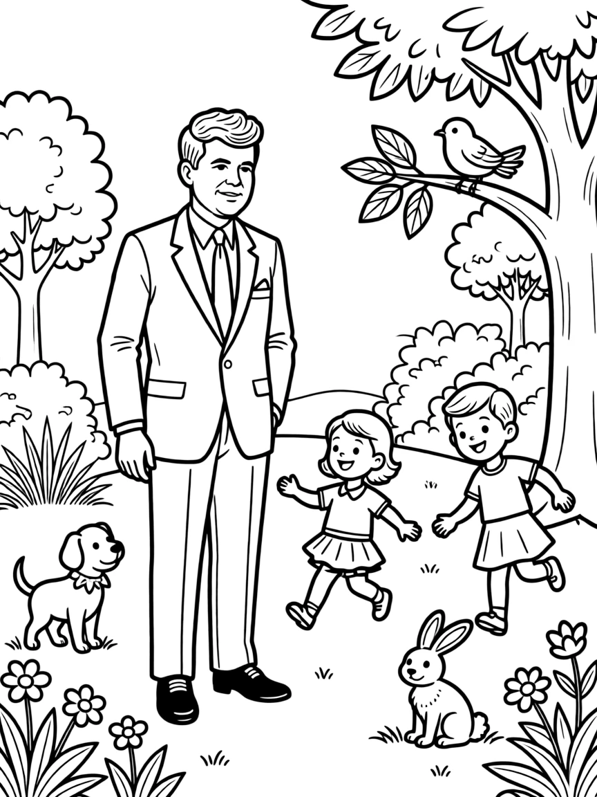 A playful scene showing John F. Kennedy in a historical outfit with animals, plants, or kids nearby.