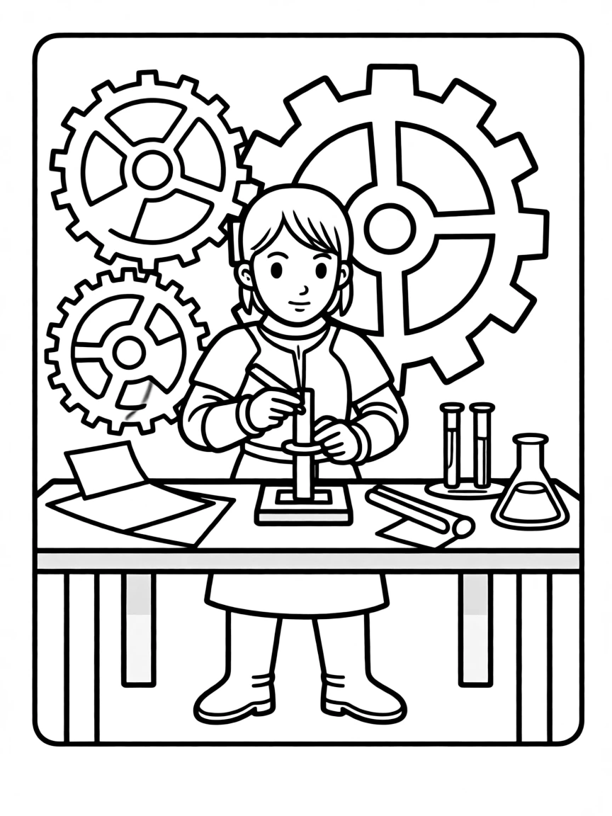 Joan of Arc working on their famous invention or idea, with gears, papers, or lab equipment drawn simply.