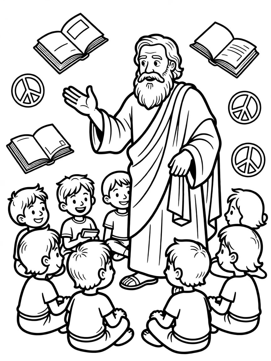A fun coloring page of Socrates giving a speech to children with books and peace signs around.
