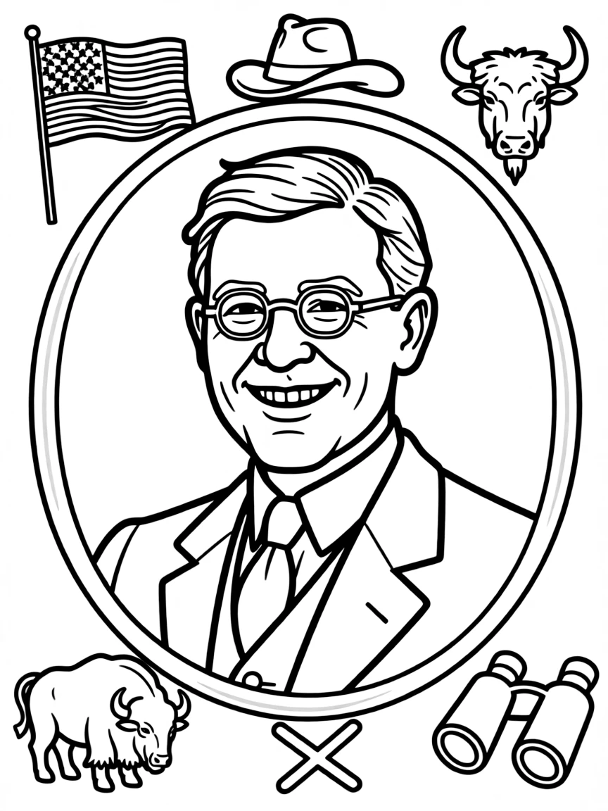A portrait of Theodore Roosevelt with a big smile, framed with decorative borders and symbols of their time period.