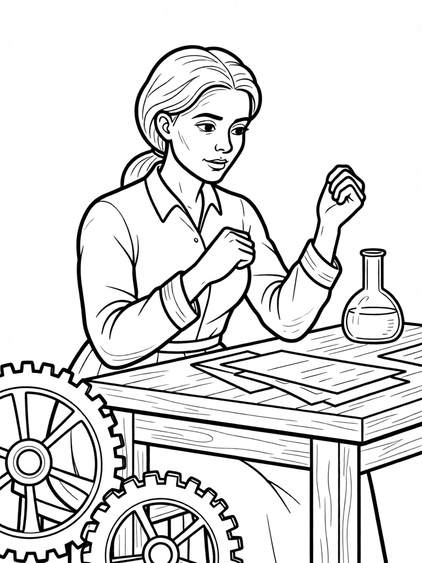 Harriet Tubman working on their famous invention or idea, with gears, papers, or lab equipment drawn simply.