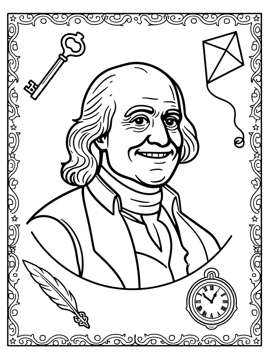 A portrait of Benjamin Franklin with a big smile, framed with decorative borders and symbols of their time period.