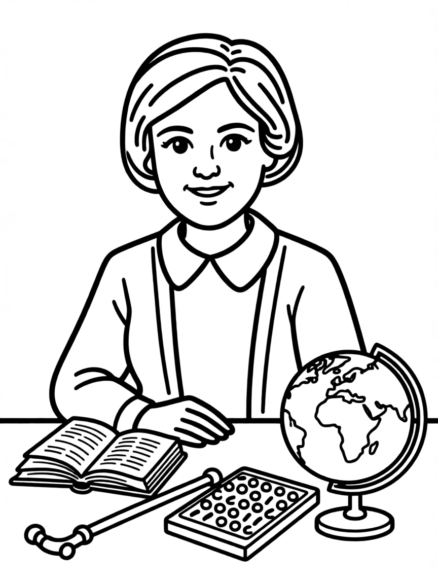 A cartoon-style drawing of Helen Keller surrounded by symbols of their achievements, like books, tools, or globes.