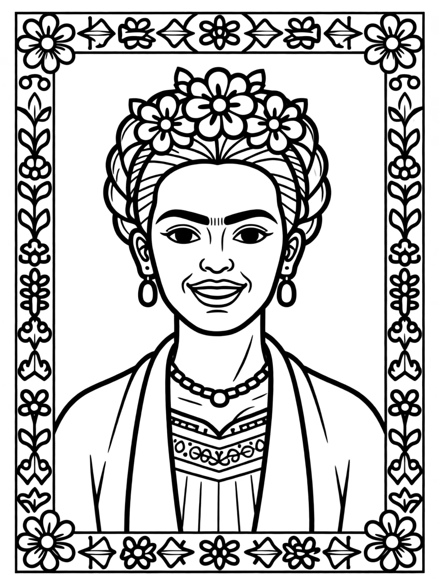 A portrait of Frida Kahlo with a big smile, framed with decorative borders and symbols of their time period.