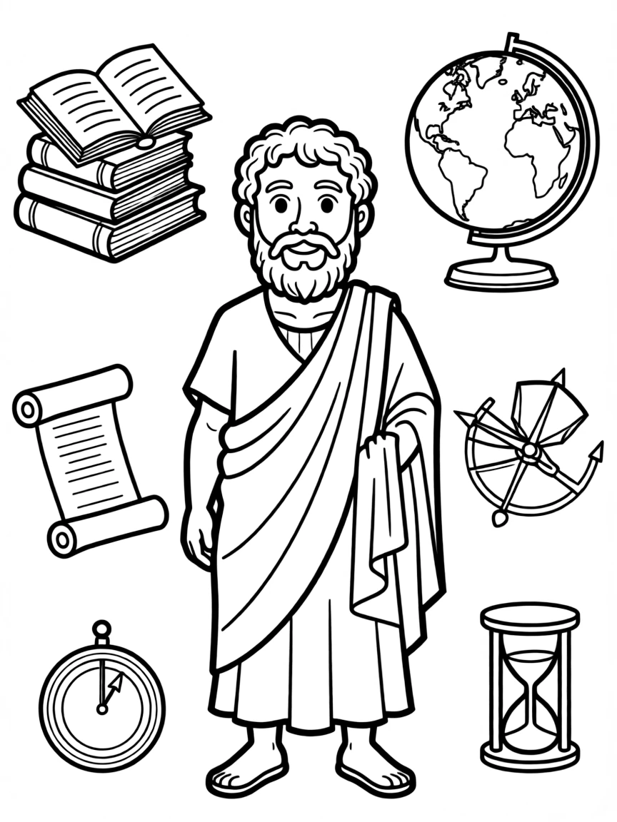 A cartoon-style drawing of Aristotle surrounded by symbols of their achievements, like books, tools, or globes.